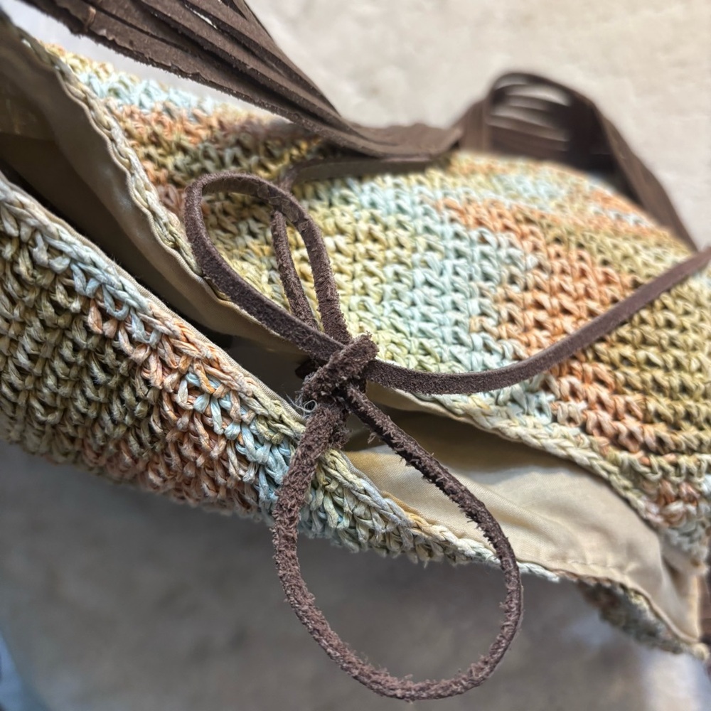 Express Knit Boho Bag Cream Orange Green Yellow Hobo Shoulder Bag Brown Straps - Picture 8 of 16